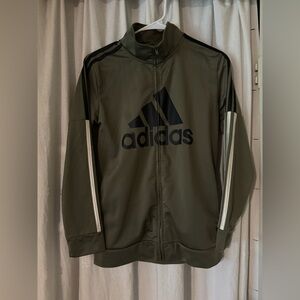 adidas Olive Green Track Jacket with Black Logo and White Sleeve Stripes